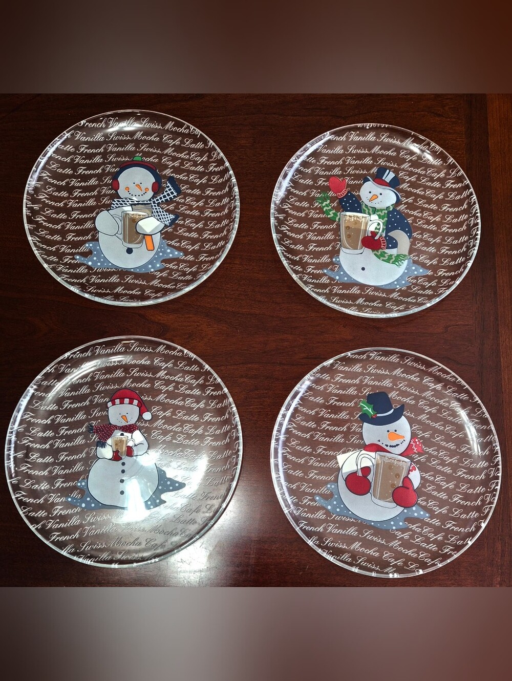 SNOWMEN 8" Clear Glass Plates "Snowmen Coffee Club" Set of 4 LUMINARC Vintage